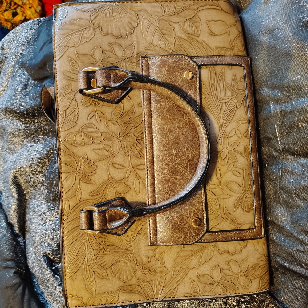 Elegant Floral Embossed Tan Handbag